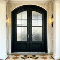 Porte d'entrée extérieure moderne en aluminium noir de luxe, double porte française à arche avec grille et verre, sécurité renforcée, pour villa, avec serrure intelligente