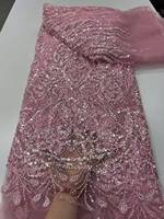 Tissu 100% Polyester Brodé de Perles Lourdes et de Paillettes Africaines, Dentelle à Perles Françaises en Maille à Motif Floral pour Robe de Mariée
