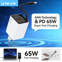 Pengisi Daya Cepat 65W GaN 2-Port dengan Kabel Retractable, Pengisi Daya Dinding Portabel PD QC3.0 Proteksi OTP/OVP untuk Laptop dan Kamera
