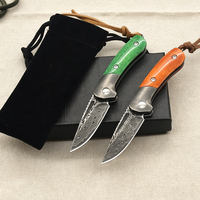 Pisau Lipat Mini Premium Baja Damaskus Gagang Tulang Sapi Ringan EDC untuk Berkemah Piknik Membongkar Paket
