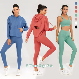 Ensemble 3 pièces Leggings à capuche et manches longues pour femmes Fitness Yoga Set - Product Image 1
