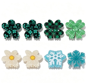 Pinzas para el pelo de mujer con diseño de flor a cuadros, estilo retro, verde y negro, de acrílico, con forma de trébol - Product Image 1