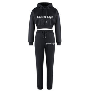 Top corto polar de algodón para <span class=keywords><strong>gimnasio</strong></span> de alta calidad con logotipo personalizado, trajes para correr, pantalones de chándal y Sudadera con capucha, chándal para mujer, conjunto de 2 piezas - Product Image 6