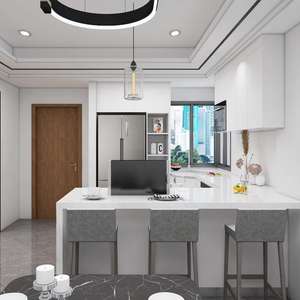 Armoires de cuisine en forme de U blanches minimalistes contemporaines en gros, bois massif avec plan de travail en quartz, carcasse en panneau mélaminé - Product Image 1