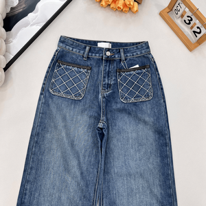 Jeans de Cintura Alta y Pierna Ancha con Detalle de Bolsillo con Costuras de Diamantes para Uso Diario Informal - Product Image 3