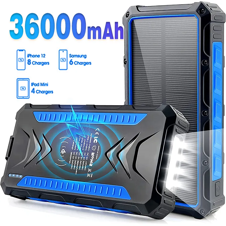 Wholesale 36000mAh mobile phone smart solar power bank with wireless charging solar cell phone charger