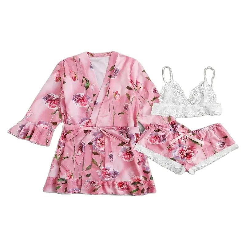 Sexy Lace Pajama Set with Straps 3 Part Floral Long Sleeve Silk Robe Sleeveless Lace Tops Sexy Shorts Hot Night Lingerie Women