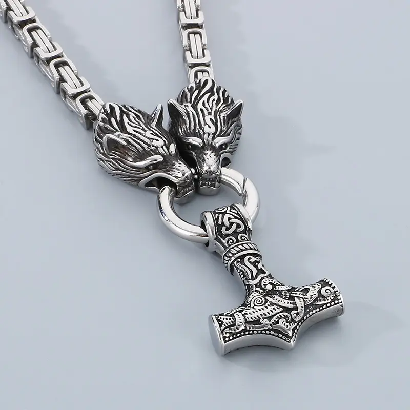KALEN Punk Stainless Steel Byzantine Necklace with Nordic Wolf Head Pendant