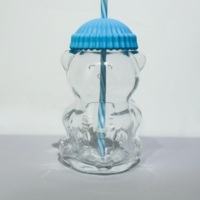Mignon Gobelet en Verre avec Paille et Couvercle en Silicone, Forme d'Ours de Dessin Animé, Tasse Transparente pour Boire