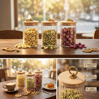 Pot en verre borosilicate de haute qualité pour la cuisine, 200 ml, 250 ml/300 ml/450 ml/500 ml, récipient de stockage alimentaire avec couvercle en bambou pour épices et produits secs