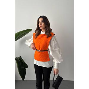 Conjunto de 2 Piezas para Mujer, Estilo Oficina, Pantalones Cortos con Cinturón Naranja y Poncho, Talla 2XL, Elegante y Profesional - Product Image 4