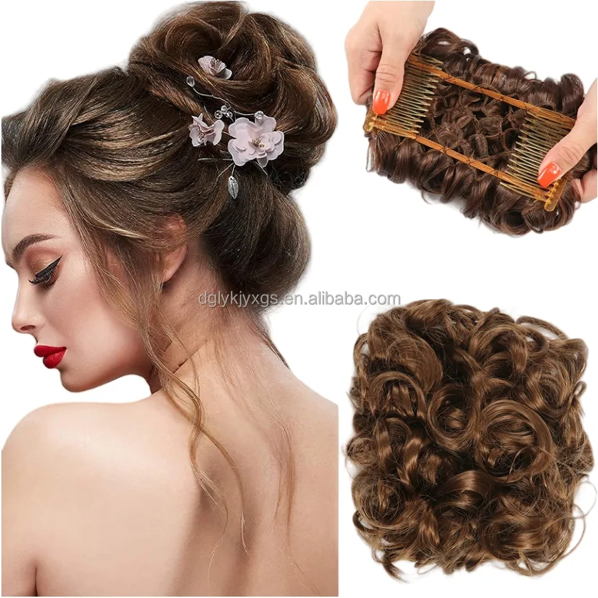Bridal Synthetic Short Curly Chignon Comb Clips in Hair Extensions Hair Bun Elastic Rubber Band Kinky Curl for women hair