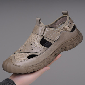 Hollow-out Men's <b>Sandals</b> Soft Sole Breathable <b>Closed</b> <b>Toe</b> Slip On Flat Shoes Khaki Gray Black Summer Casual Beach Wear - Product Image 1