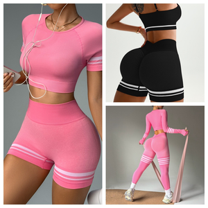 Custo Schnelltrocknende Atmungsaktive Damen-Yoga-Leggings - Langärmliges Set mit Hoher Taille, Elastischem Bund, Gestreift, Bauchkontrolle, 2-teilig Vorne - Product Image 3