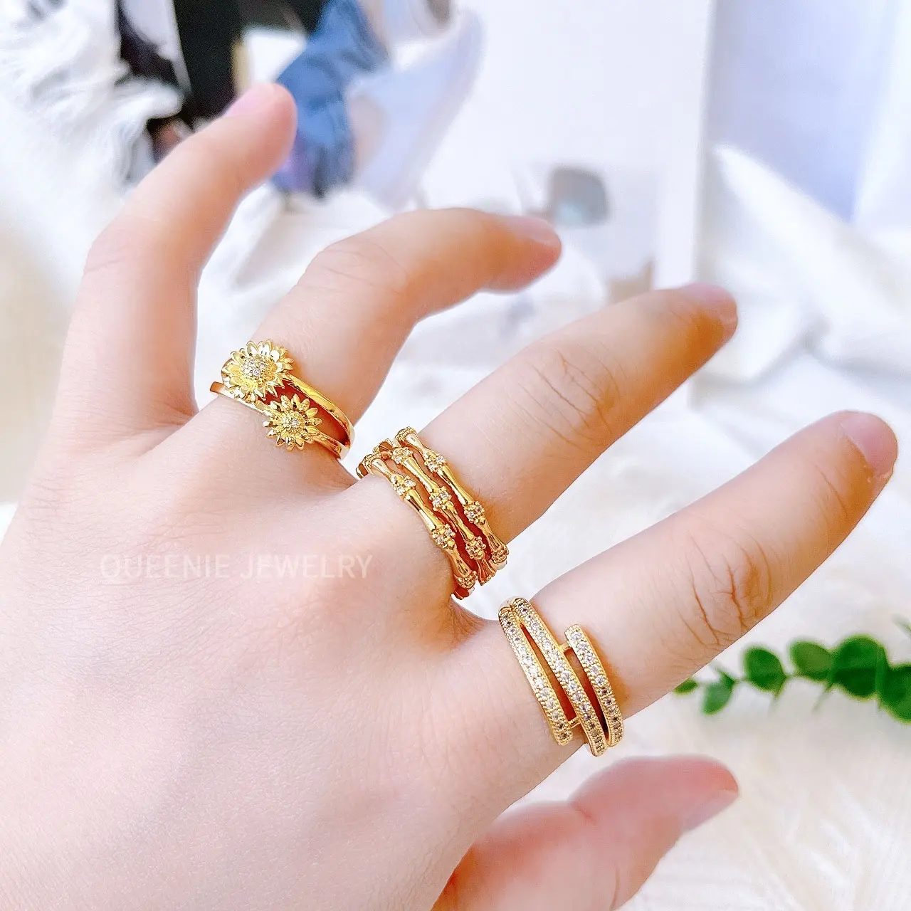 Minimalistic Statement Birthday Friendship Jewelry Sunflower Rotatable Ring Brass Adjustable Open Ring for Women bamboo ring