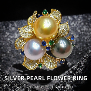Bague Fleur à Trois Pierres en Argent Incrustée de Perles Naturelles de Luxe, Plaqué Rhodium et Or 18K, Grade AAAA/AAA, Bijoux Tendance pour Femme - Product Image 2