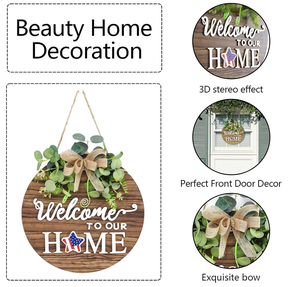 Panneau de bienvenue saisonnier interchangeable en bois moderne, décoration de porte d'entrée avec couronne de verdure, style rond peint à la main - Product Image 2