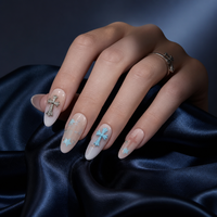 Faux Ongles de Luxe Faits Main à Presser, Dégradé Bleu Éthéré, Breloques Croix Argentées Vintage, Design Étoile 3D, Réutilisables, Vente en Gros