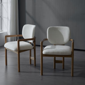 Modern Convertible Dining Chairs <b>Set</b> of 2 <b>White</b> Fabric Upholstered Armchairs with Rubber Wood Legs for Apartment Use - Product Image 1