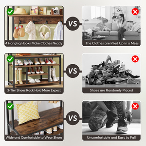 Tribesigns Brown Rustic Style 4 in 1 Hall Tree with Shoe Rack <strong>Entryway</strong> Bench 4 Hanger <strong>Hooks</strong> and Storage <strong>Shelf</strong> <strong>Coat</strong> Rack - Product Image 3