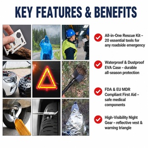 Kit d'urgence automobile et d'assistance routière avec gonfleur de pneus, marteau de sécurité, gilet de sécurité, panneau triangulaire, bandage et trousse de premiers secours - Vente en gros - Product Image 2