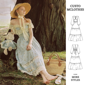 Abito Lungo da Donna Ispirato allo Stile <span class=keywords><strong>Lolita</strong></span>, Spalle Scoperte, Decorato con Pizzo, Stampa Floreale, Elegante, Estivo, con Orlo Arricciato, Vita Naturale e Bottoni - Product Image 4