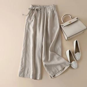 Women's Pure Cotton Cropped Wide Leg Pants High Waisted Side Tie Elastic Casual Pants Breathable Summer Style Khaki - Product Image 2