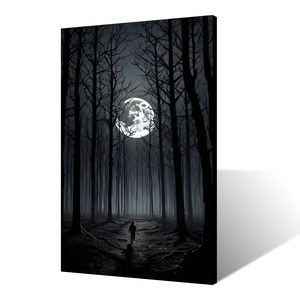 Tableau mural sur toile Forêt Nordique Noir et Blanc - Peinture minimaliste de paysage au clair de lune avec silhouette de voyageur isolé - Product Image 4