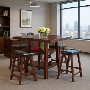 Ensemble Orlando 3 pièces : table haute avec 4 tabourets rembourrés et 2 étagères, modèle D0100HHKSQW D0102HH30LW, pour usage en conférence - Product Image 2