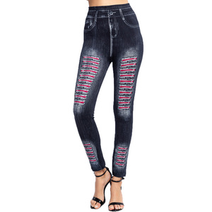 <span class=keywords><strong>Taille</strong></span> <span class=keywords><strong>haute</strong></span> Imiter Denim Hip Lift Leggings Stretch Slim Imprimé Jeggings - Product Image 4