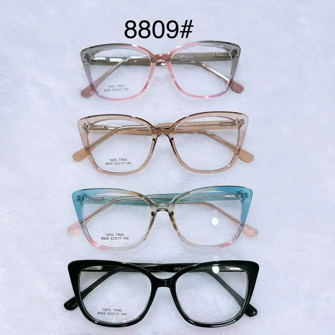 แว่นตาคริสตัลแบบฉีด100% TR90กรอบแว่นสายตาแบบตาแมวบานพับสปริง