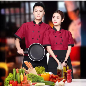 <b>Chef</b> Uniform Men Women Short Sleeve Red Black Cotton Restaurant Kitchen Work Clothes - Product Image 4