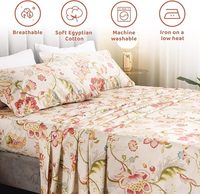 Parure de draps 4 pièces Queen en coton égyptien, motif végétal, drap plat, drap-housse, taie d'oreiller douce, personnalisable, lavable en machine