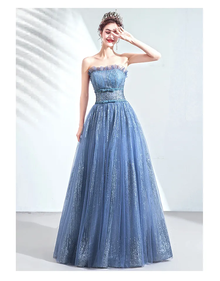 New Design Blue Strapless Fat Woman Long Evening Prom Party Dress For Women