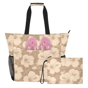 Bolsa de Mano Reutilizable de 2 Piezas con Estampado Floral para las Vacaciones, Bolsa de Mano de Verano para Mujer con Bolsillos de Malla, Bolsa de Playa con Logotipo Personalizado y Bolsa Adicional - Product Image 1