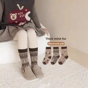 Chaussettes en <span class=keywords><strong>polaire</strong></span> épaisses pour enfants, automne-hiver, mi-mollet, rétro, motif Fair Isle, chaudes et douces pour filles et garçons, détection des aiguilles - Product Image 1