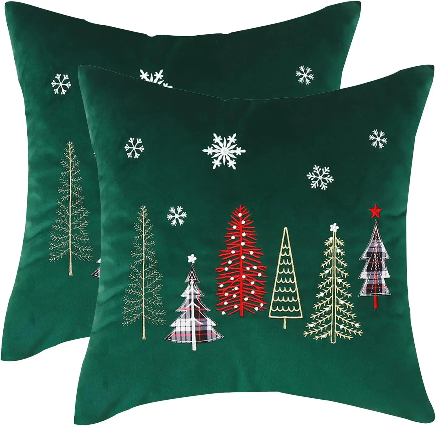 크리스마스 자수 던지기 베개 커버 18x18 인치-포레스트 그린 크리스마스 트리 디자인의 축제 벨벳 베갯잇