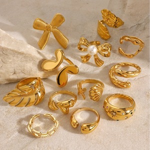 Yueli Fashion <b>Rings</b> <b>Set</b> <b>Gold</b> Tone Bowknot Leaf Geometric Design Unisex Jewelry Gift - Product Image 3