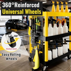 Chariot de rangement 3 niveaux jaune et noir pour detailing automobile, avec crochets pour panneaux de rangement, organisateur pour lavage de voitures, <span class=keywords><strong>garage</strong></span>, atelier, bricolage et maison - Product Image 4