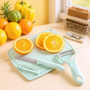 Ensemble de couteaux en acier inoxydable, ensemble de trois pièces, planche à découper en paille de blé, couteau à fruits, éplucheur, outils de cuisine combinés - Product Image 3