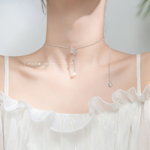 Collier papillon en argent S925 version coréenne pour femmes avec pompon long plaqué rhodium perle synthétique D6213 - Product Image 4