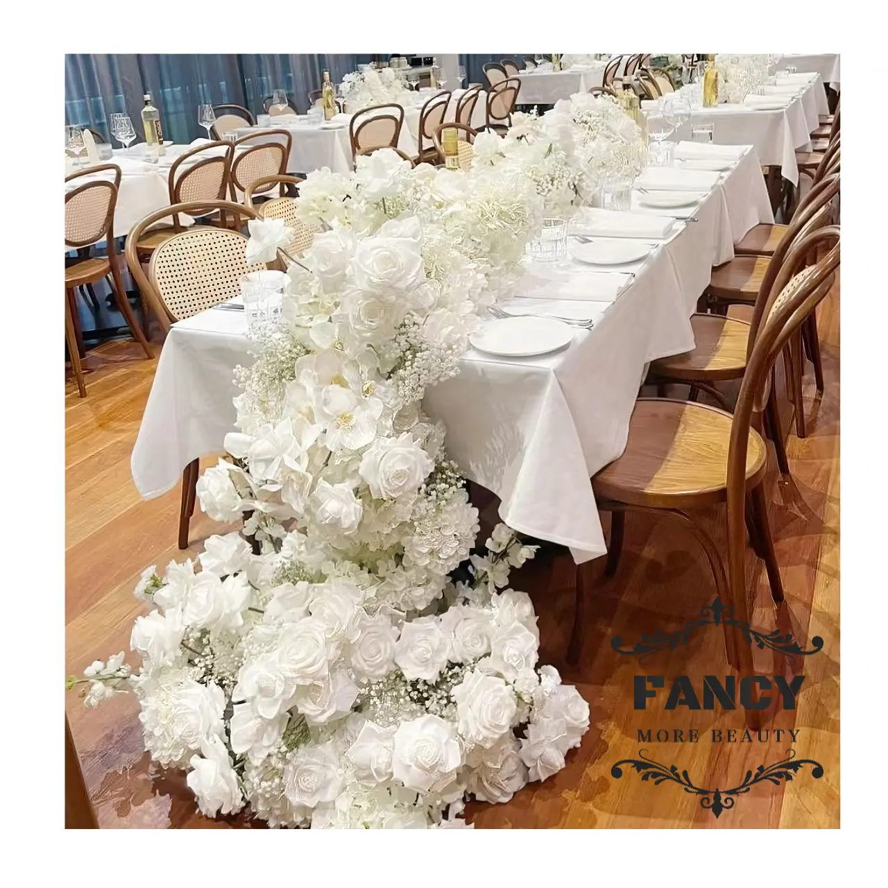 Fancy Wedding Props Artificial White Rose Flowers Runners Flower Rows For Wedding Party Table Centerpieces