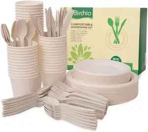 300 Plate & Cups Set Compostable Paper Plates Party Dinnerware Sets Supplies