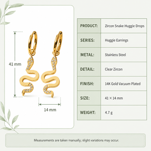 Pendientes colgantes de serpiente de circonita, de acero inoxidable chapado al vacío en oro de 14K, joyería colgante de serpiente curvada - Product Image 4