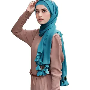 New Trendy Malaysia Bubble Chiffon Scarf With Tassel Flower Beads Edge Chiffon Hijab Wrap Muslim Hijabs Headscarf for women
