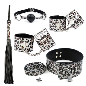 <span class=keywords><strong>SM</strong></span> pour Couples, Jeu de Rôle Fétichiste, Bondage, Menottes en Cuir Imprimé Léopard, Fouet, Collier, Bâillon, Ensemble de Contrainte 18+ - Product Image 1