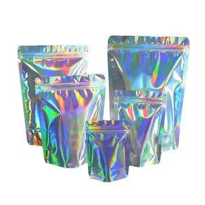 Özel koku geçirmez baskılı lazer Glitter holografik Mylar Stand Up şeffaf şeffaf alüminyum folyo açılıp kapanabilir kilitli Metal çanta