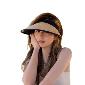 <b>Straw</b> Woven Visor <b>Hat</b> Wide Brim Adjustable Foldable For Women Beach Vacation Sun Protection Korean Style Trendy Off White Beige - Product Image 4