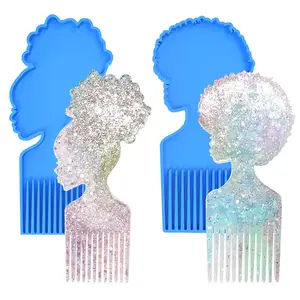 Hot Sale 2 PCS Afro Female Hair Pick Comb Resin Molds Head Large Beauty Silicone Molds For Resin