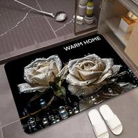 Keset Lantai Kamar Mandi Motif Mawar Gaya Instagram, Bahan Diatomaceous Earth, Bentuk Persegi, Gaya Kartun, Lembut, Penyerap Air, Tanpa Perlu Dicuci